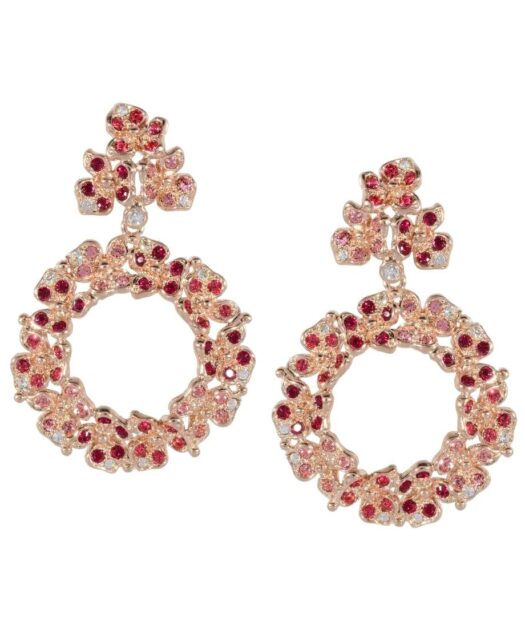Pendientes de aro con flores rosas de plata y Swarovski Elements