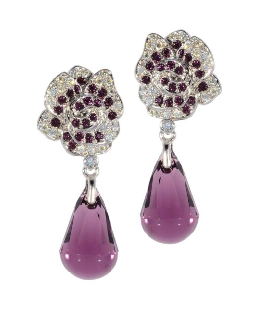 Pendientes flor con lágrima morada de plata de ley rodinada