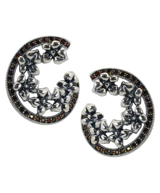 Pendientes flor medio aro de plata de ley rodinada con Swarovski