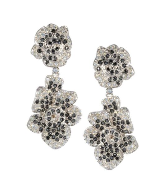 Pendientes flores blancas y negras de plata de ley rodinada con Swarovski