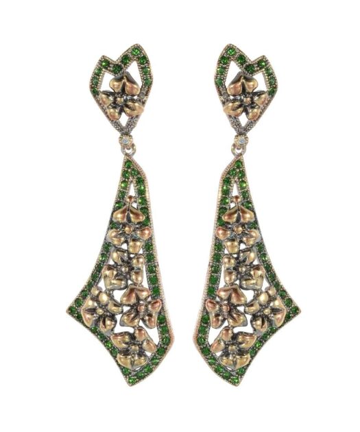 Pendientes flores oro vintage de plata con cristales Swarovski verdes