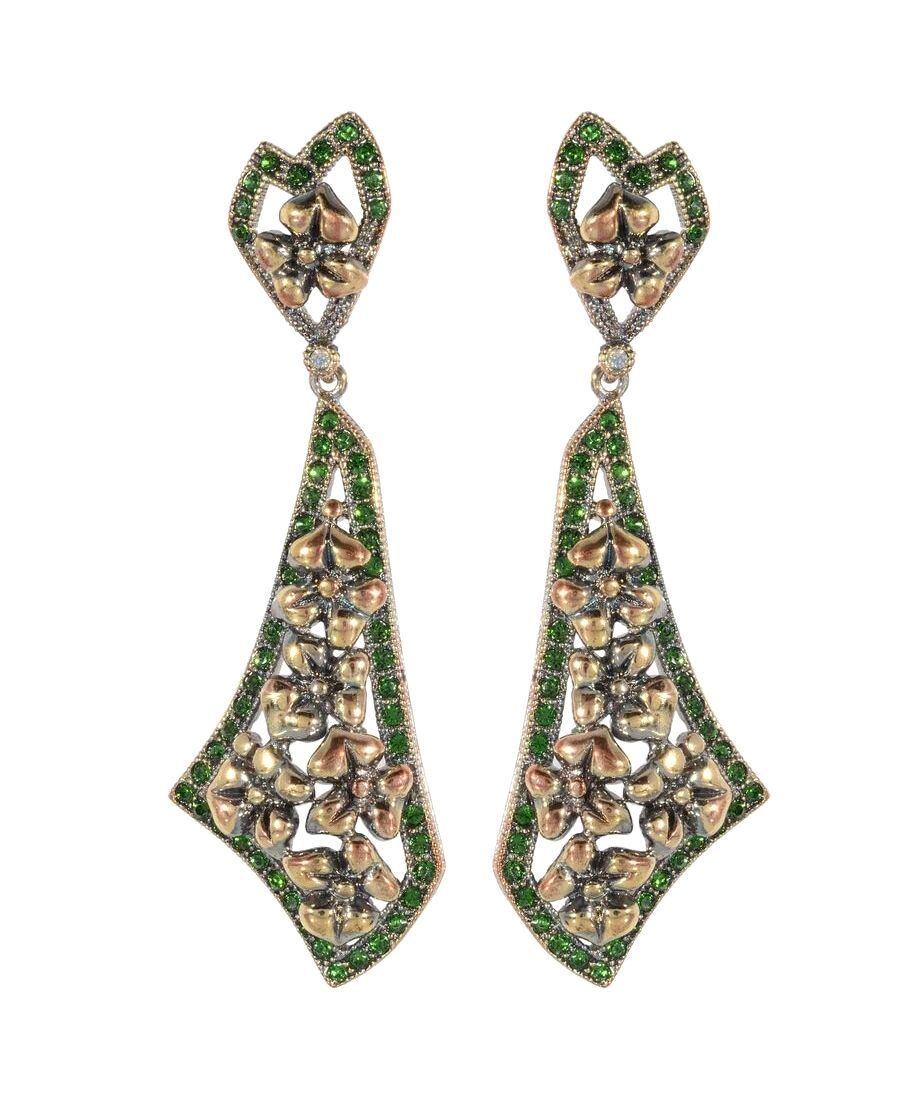 Pendientes flores oro vintage de plata con cristales Swarovski verdes