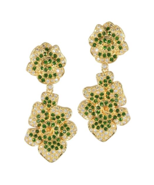 Pendientes flores verdes y doradas de plata con cristales Swarovski