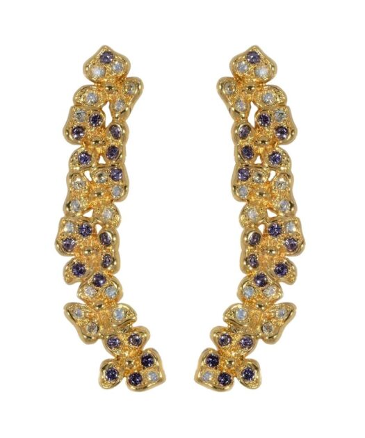 Pendientes largos de flores doradas en plata de ley con Swarovski