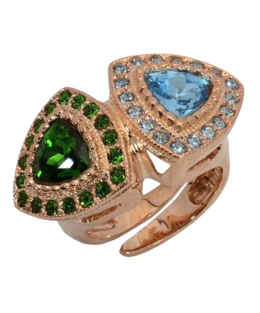 Anillo fiesta con Swarovski Elements azules y verdes de plata de ley bañada en oro rosa