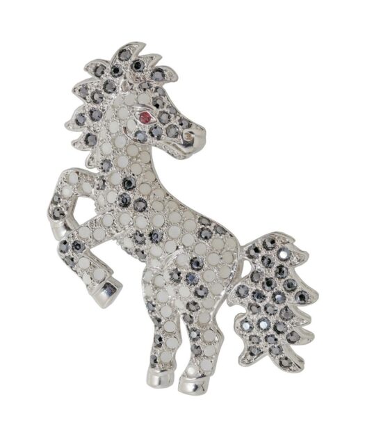 Broche Caballo de plata bañada en rodio y cristales de Swarovski en tonos blancos, negros y granates