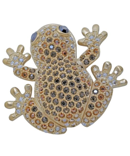 Broche Rana de plata bañada en oro amarillo y cristales de Swarovski en tonos negros, marrones y blancos
