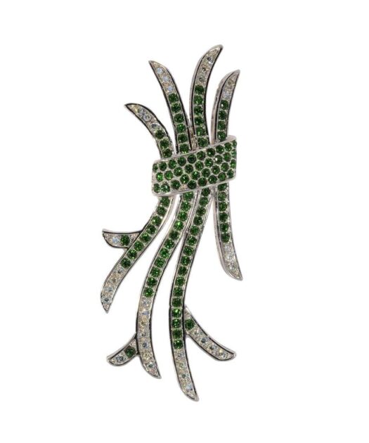 Broche filigrana verde y blanco de plata bañada en rodio