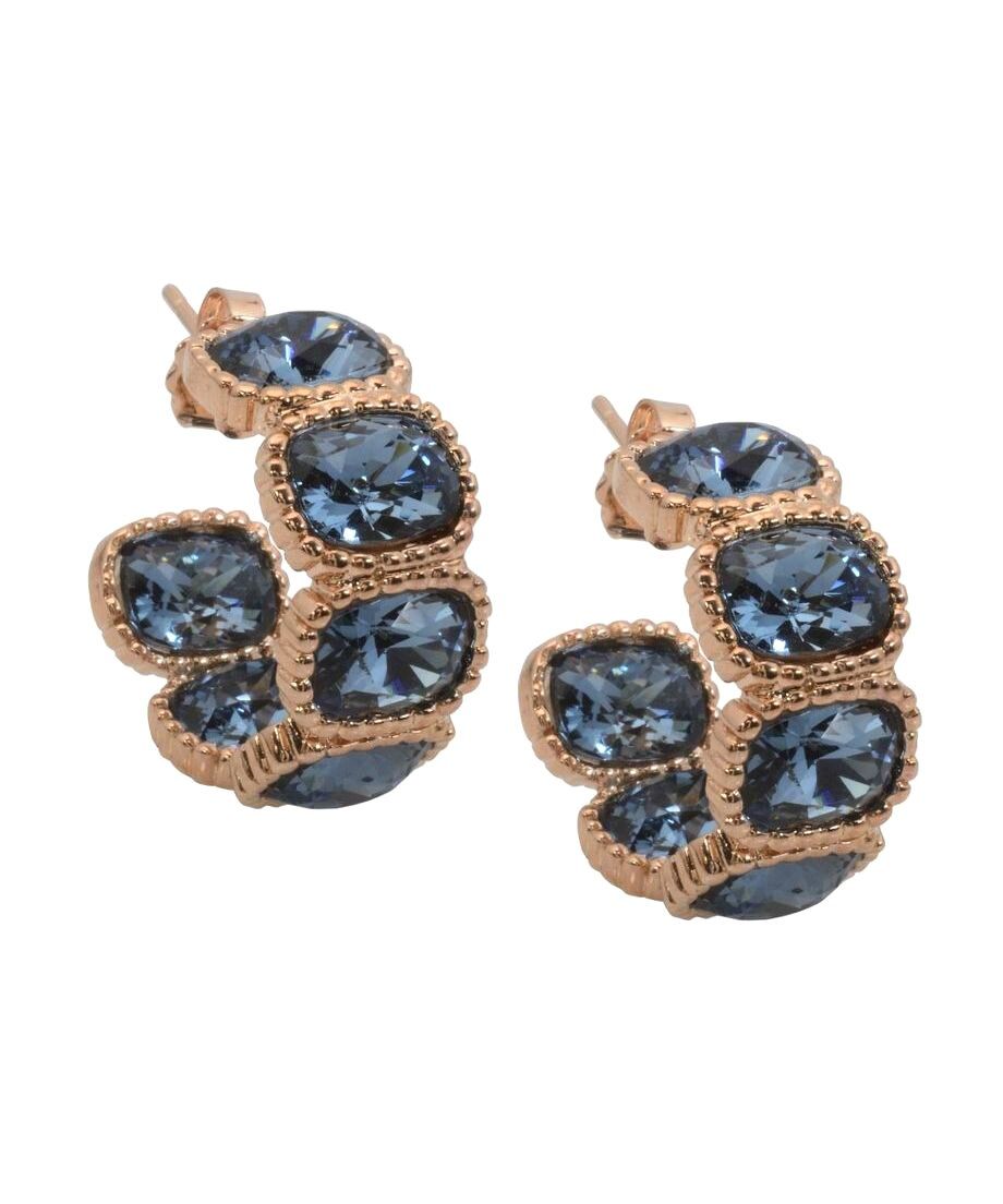 Pendientes de aro con cristales azules de plata bañada en oro rosa