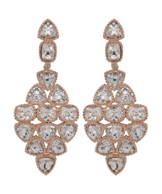 Pendientes largos rosas con cristales blancos de plata de ley