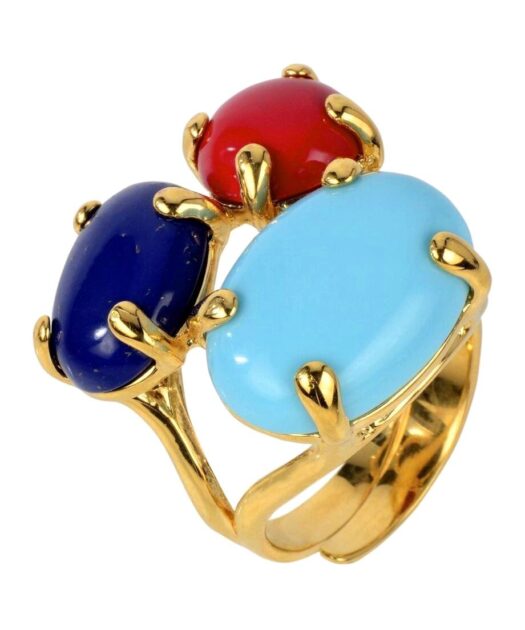 Anillo con coral, lapislázuli y turquesa de plata bañada en oro amarillo