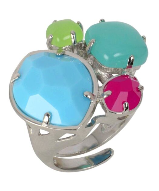 Anillo Alegría con cuatro cristales Swarovski mate en tonos fucsia, verde y azules de plata de primera ley bañada