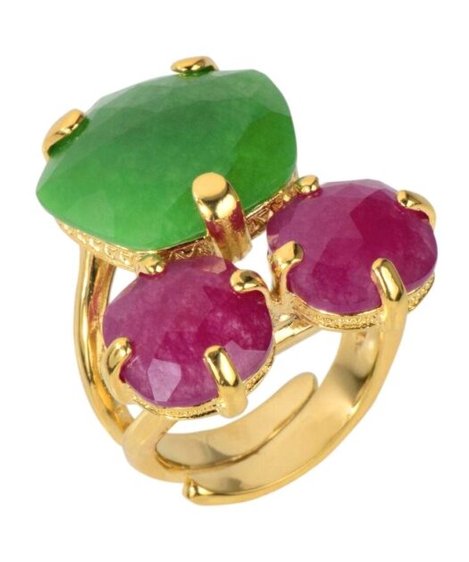 Anillo con piedras moradas y verdes de plata bañada en oro rosa
