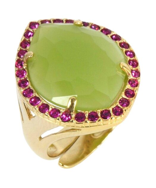 Anillo con una piedra natural verde y cristales de color morado