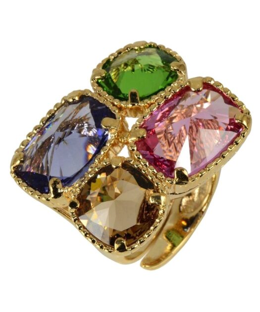Anillo dorado con cuatro cristales de colores fabricado en plata de ley