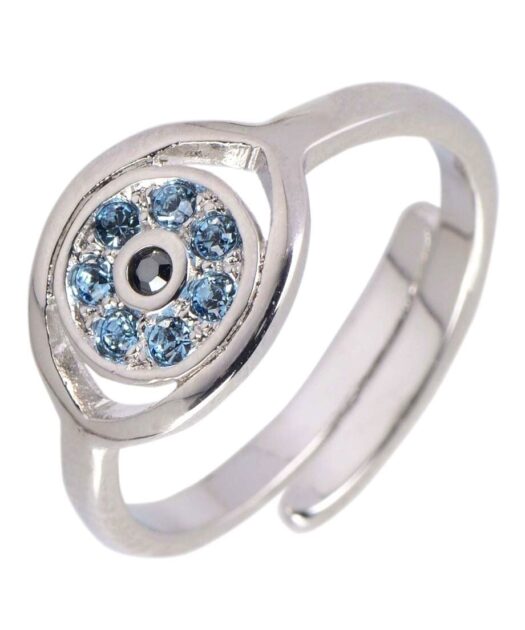 Anillo ojo de horus con cristales Swarovski azules de plata rodinada