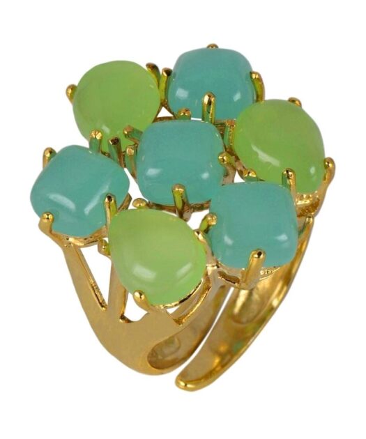 Anillo piedras en tonos verdes y azules de plata de primera ley bañada en oro amarillo.