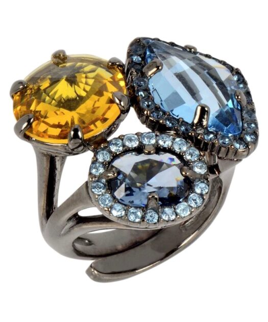 Anillo Swarovski Elements amarillo y azul de plata con rutenio