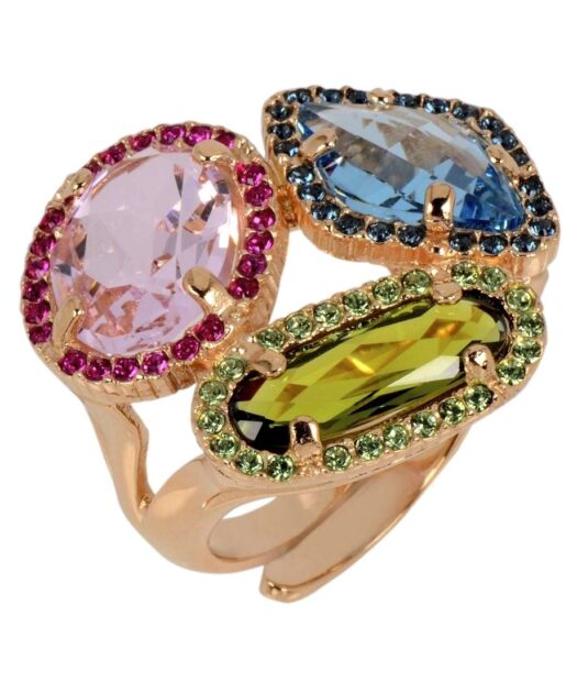 Anillo Swarovski Elements malva, verde y azul de plata de ley