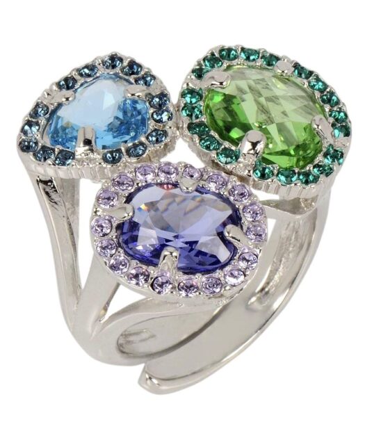 Anillo Swarovski Elements plata rodinada en tonos verdes, azules y violetas