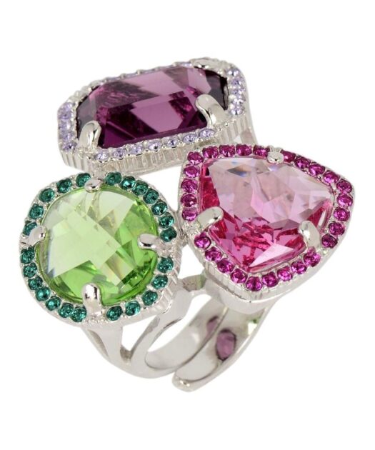 Anillo Swarovski Elements verde, morado y rosa de plata de ley rodinada