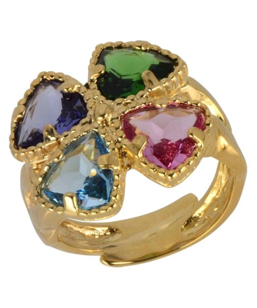 Anillo trébol de cuatro hojas multicolor de plata bañada en oro