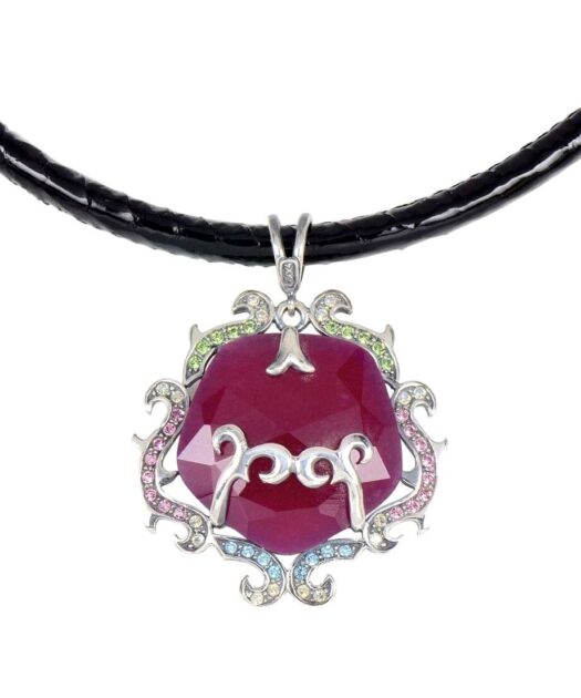 Colgante morado con cuero negro de plata de ley