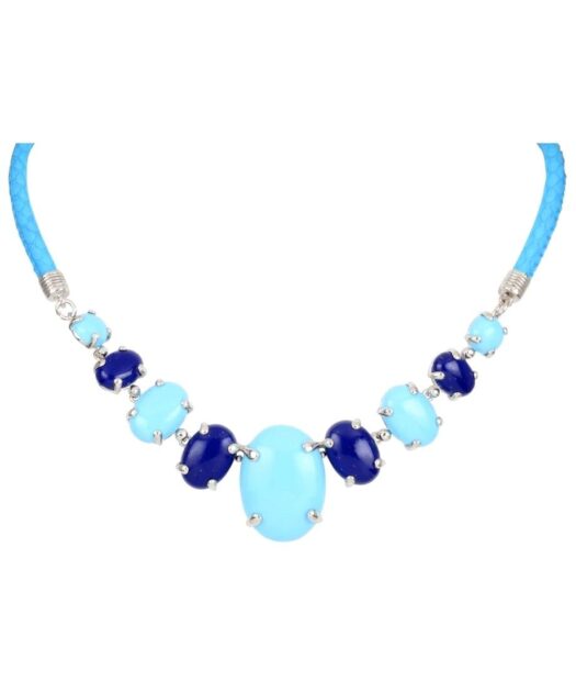 Collar de lapislázuli y turquesa con un cordón de cuero azul