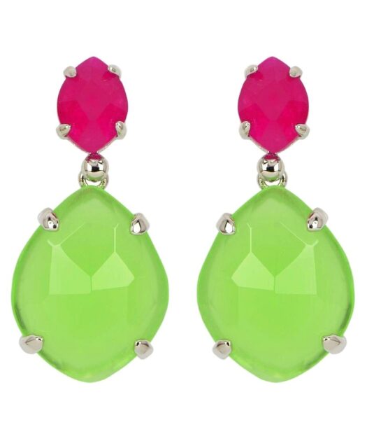 Pendientes largos Alegría con dos Swarovski Elements mate en tonos verdes y fucsias de plata de primera ley rodinada