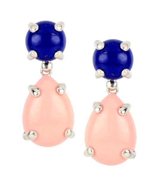 Pendientes articulados con coral rosa y lapislázuli de plata de ley rodinada