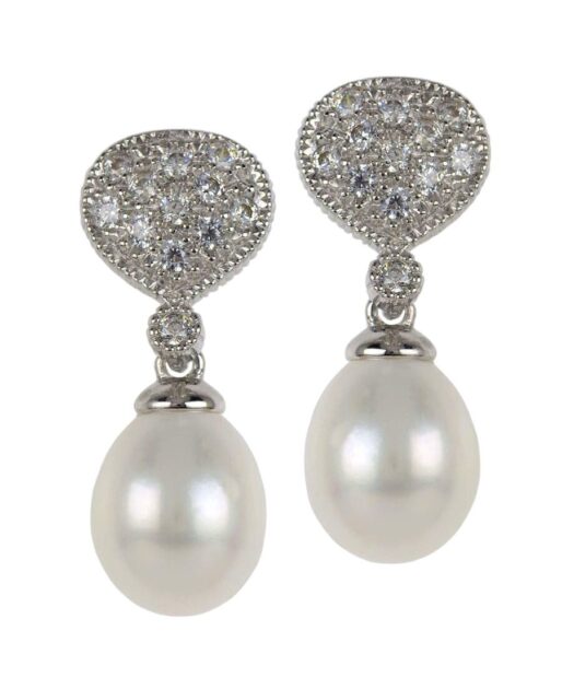 Pendientes boda cristales brillantes y perlas de plata de ley con acabado rodinado