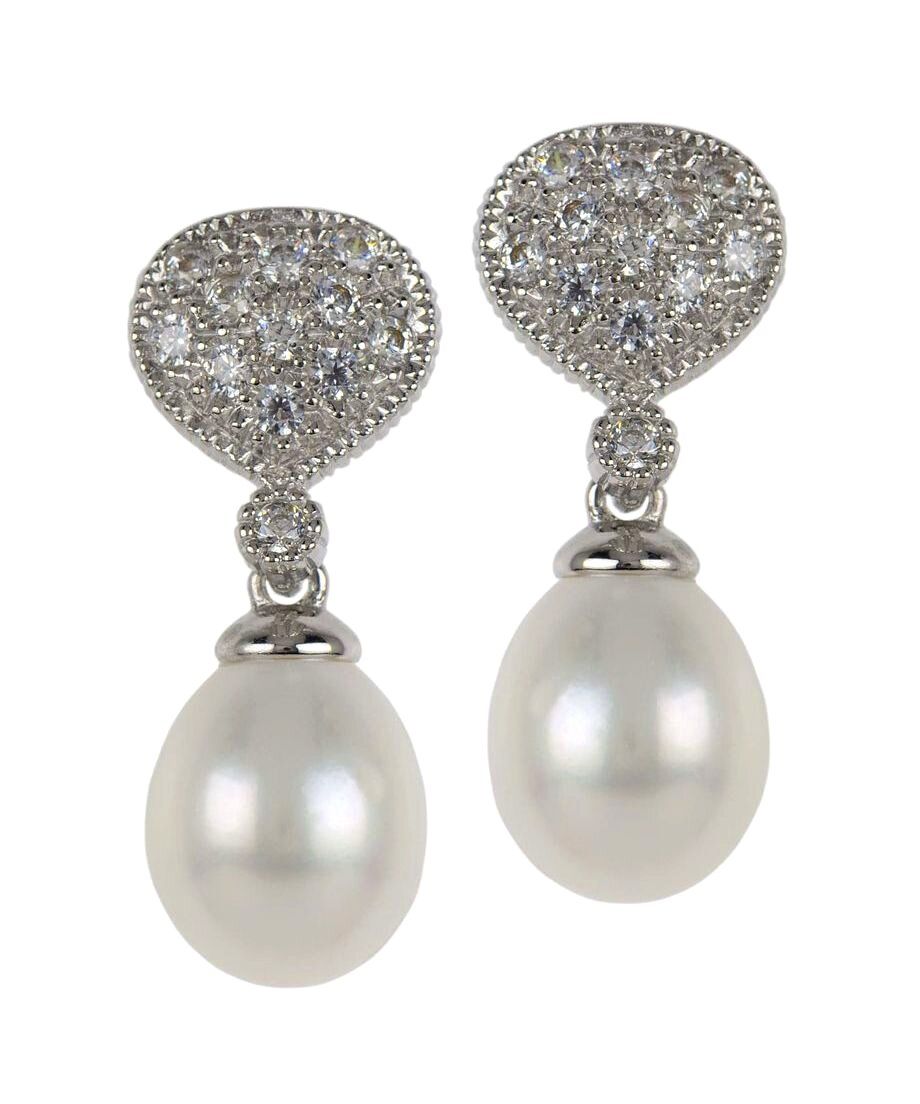 Pendientes boda cristales brillantes y perlas de plata de ley con acabado rodinado Pendientes boda cristales brillantes y perlas de plata de ley con acabado rodinado
