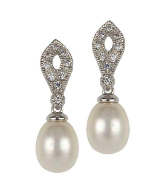 Pendientes boda perla y Swarovski Elements de plata rodinada y cierre presión