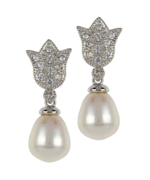 Pendientes clásicos de perla para novia fabricados en plata de ley con un baño de rodio