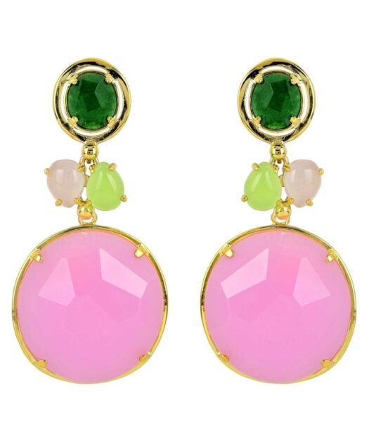 Pendientes verdes y rosas con cuatro piedras naturales de plata bañada en oro y cierre omega