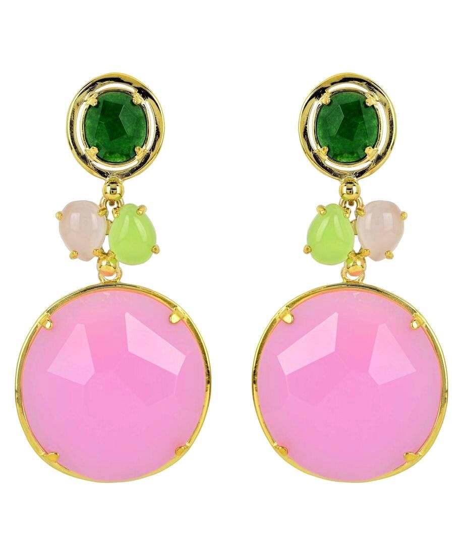 Pendientes verdes y rosas con cuatro piedras naturales de plata bañada en oro y cierre omega Pendientes verdes y rosas con cuatro piedras naturales de plata bañada en oro y cierre omega