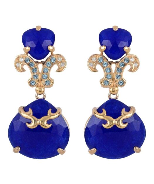 Pendientes con dos piedras azules de plata bañada en oro rosa
