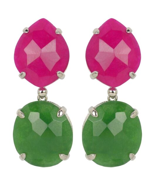 Pendientes largos Alegría con dos Swarovski Elements mate en tonos verdes y fucsias de plata de primera ley rodinada