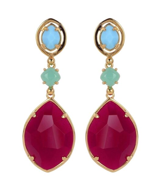 Pendientes largos Alegría con tres Swarovski Elements mate en tonos azules y fucsias de plata de primera ley bañada en oro rosa