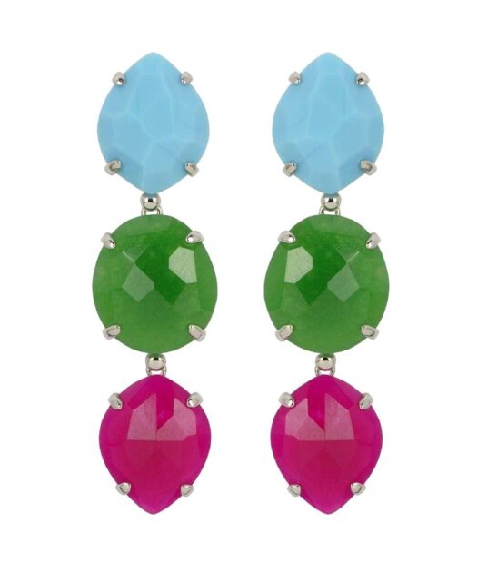 Pendientes largos Alegría con tres cristales Swarovski mate en tonos azules, verdes y fucsias de plata de primera ley rodinada