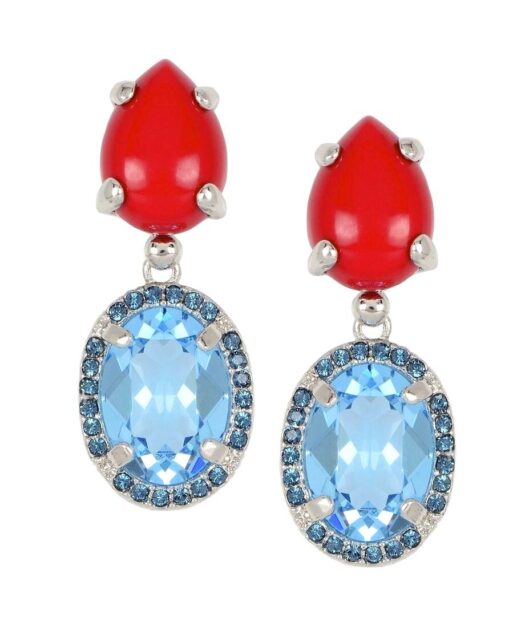 Pendientes coral rojo con cristales azules de plata bañada en rodio