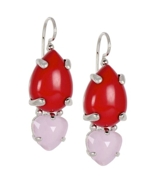 Pendientes coral rojo con piedra rosa de plata de ley rodinada