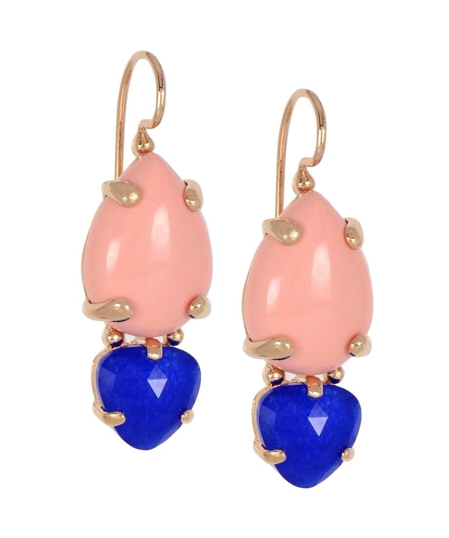 Pendientes coral rosa con piedra azul de plata bañada en oro rosa