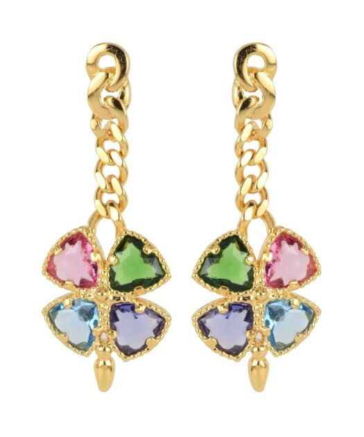 Pendientes de cadena trébol multicolor de plata bañada en oro amarillo
