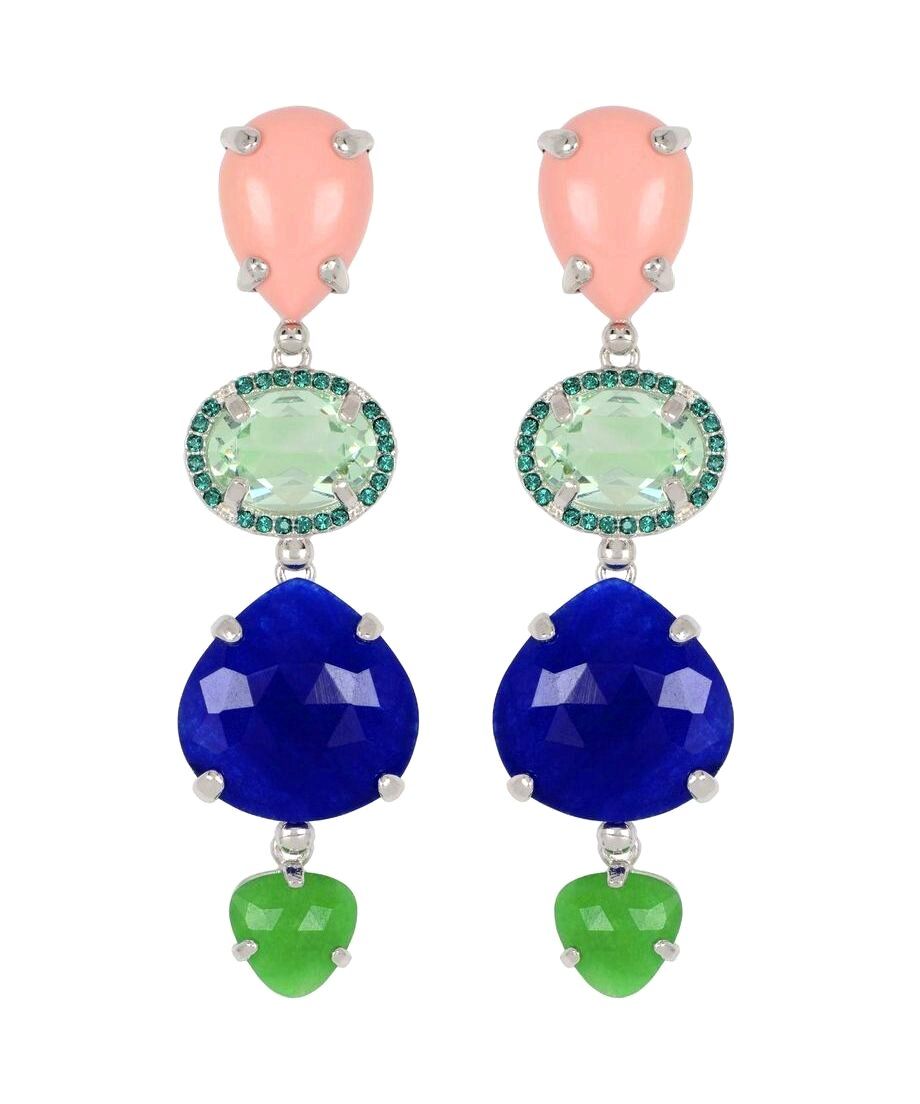 Pendientes de coral con piedras naturales y cristal Swarovski en plata rodinada