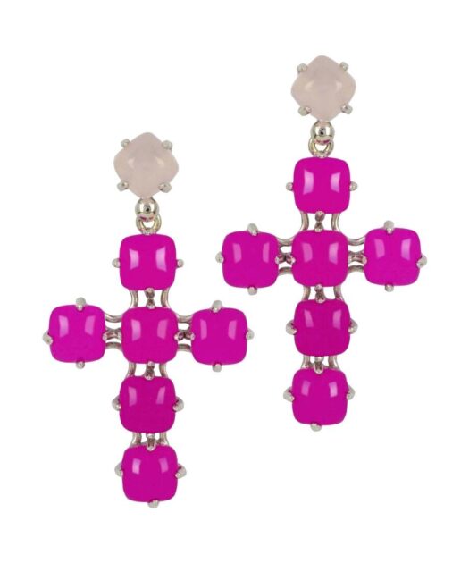 Pendientes Alegría en forma de cruz con Swarovski Elements mate en tonos fucsias y rosas de plata de primera ley rodinada