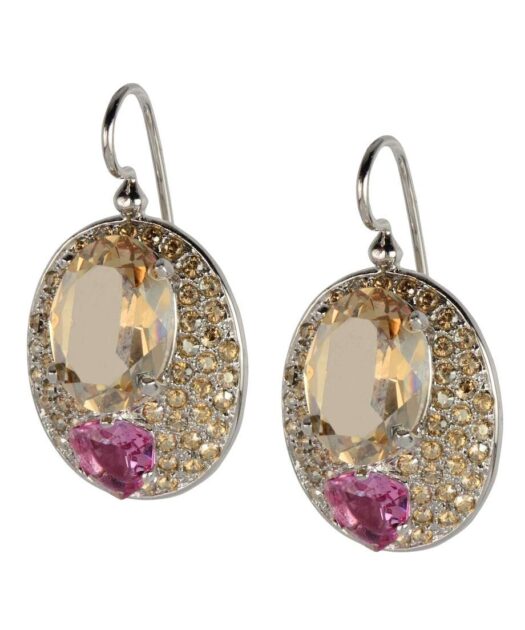 Pendientes de gancho marrones y fucsias de plata rodinada con Swarovski