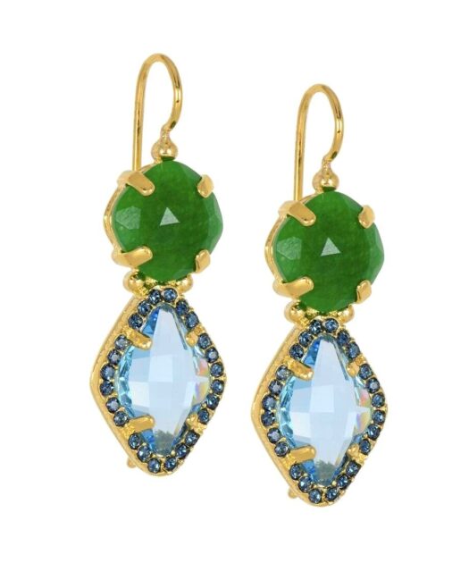 Pendientes de jade verde con Swarovski azul de plata bañada en oro amarillo