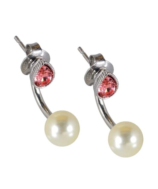 Pendientes de perla y lágrima roja fabricados en plata rodinada