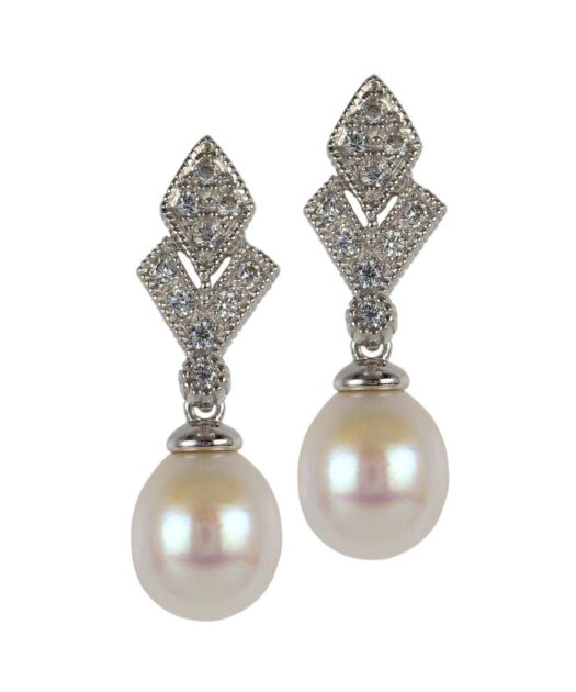Pendientes de perla y plata para novia en plata de ley rodinada con Swarovski Elements